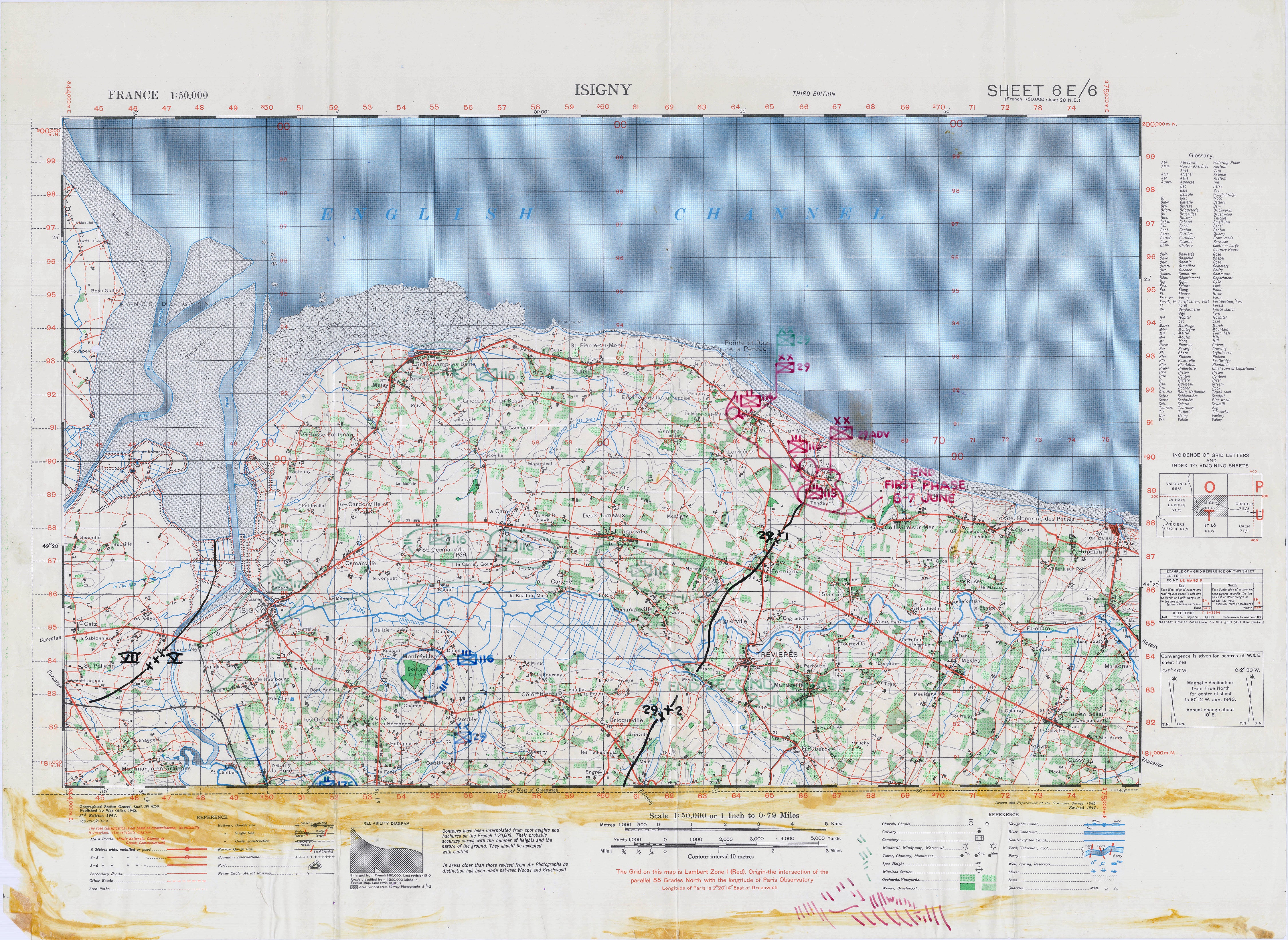 Normandy Omaha Beach 1944 battle map showing the Isigny area, English Channel coastline, military unit markings, and handwritten operational annotations.