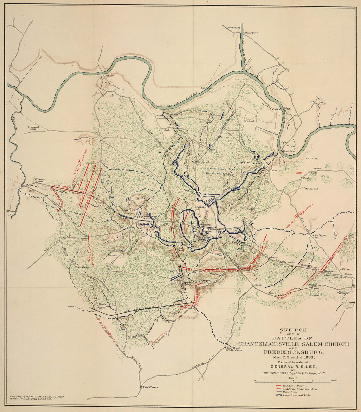 Chancellorsville, Virginia, May 1863 – Hotchkiss battle sketch with Confederate positions in red and Union positions in blue