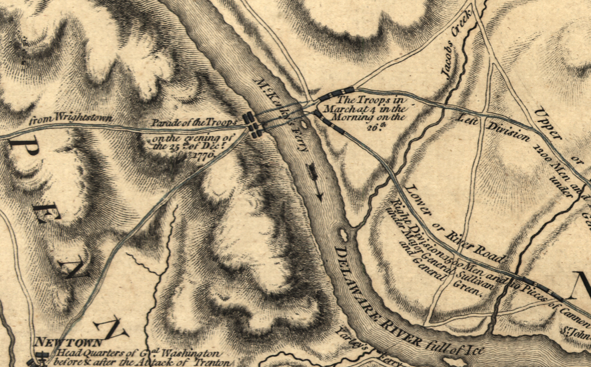 A vintage-style engraved map showing a section of the Delaware River with labeled geographic features, roads, and military movement notes, including 'The Troops in Marchat 4 in the Morning on the 28th.'.