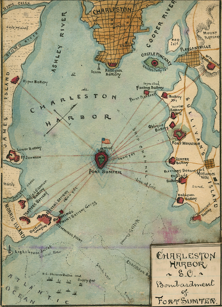 Fort Sumter, Charleston Harbor, April 1861: hand-drawn watercolor map by Robert Knox Sneden with red lines of fire to the fort