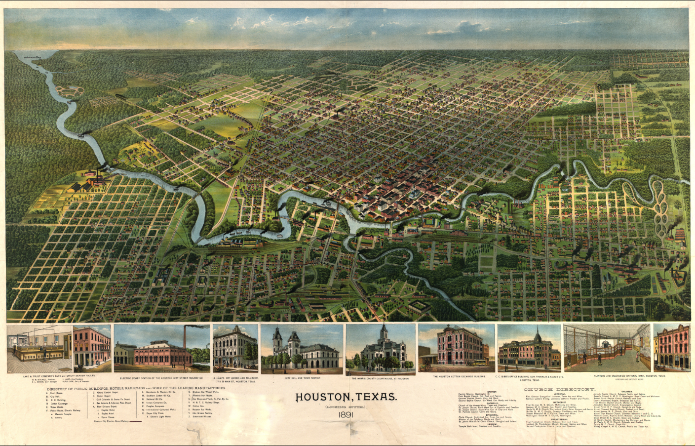 Houston, Texas – 1891 Bird’s Eye View City Map
