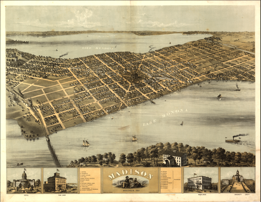 Madison, Wisconsin – 1867 Panoramic View Featuring the Wisconsin State Capitol and University