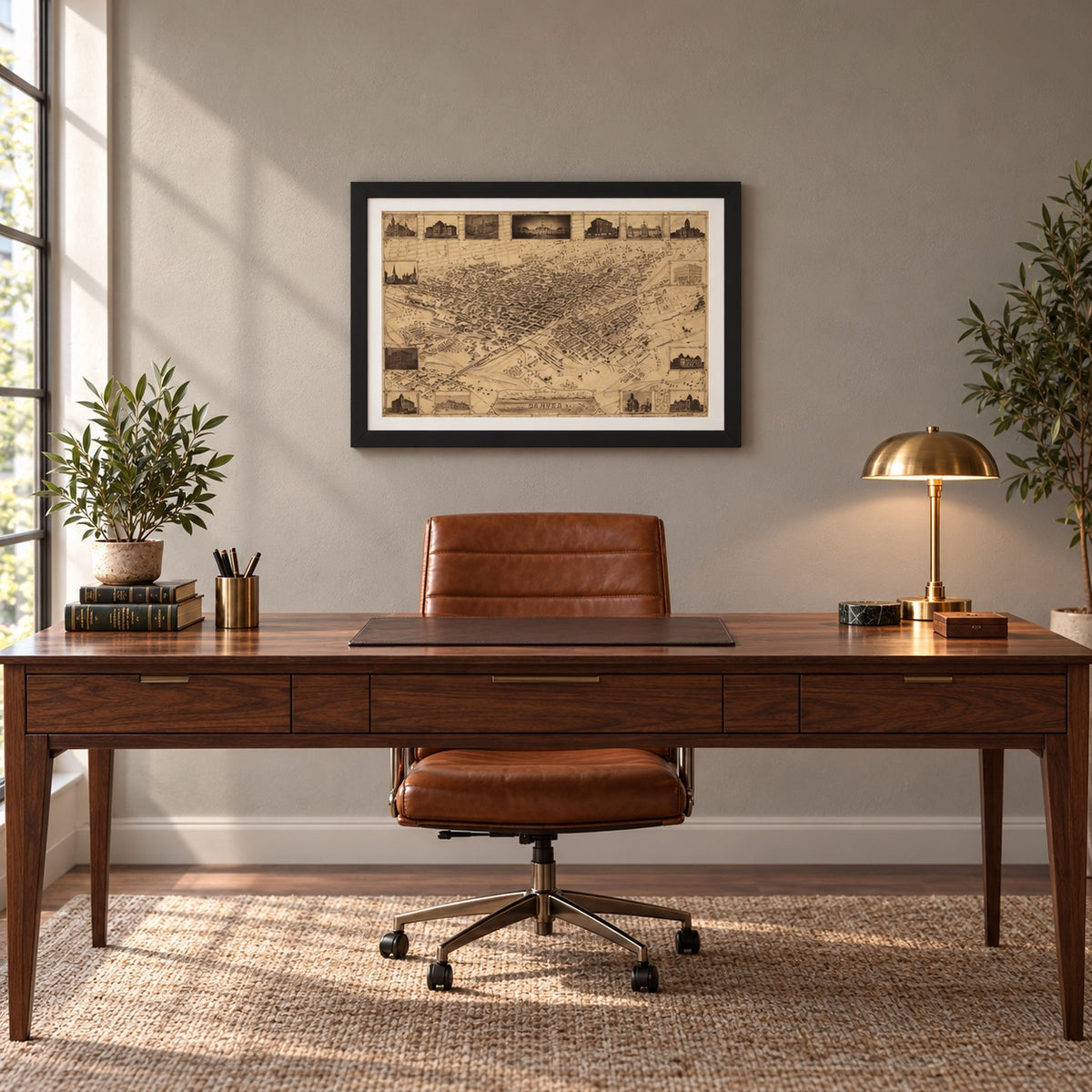 Denver bird’s-eye city map in a black frame with archival-white mat above a walnut desk in a sunlit executive office