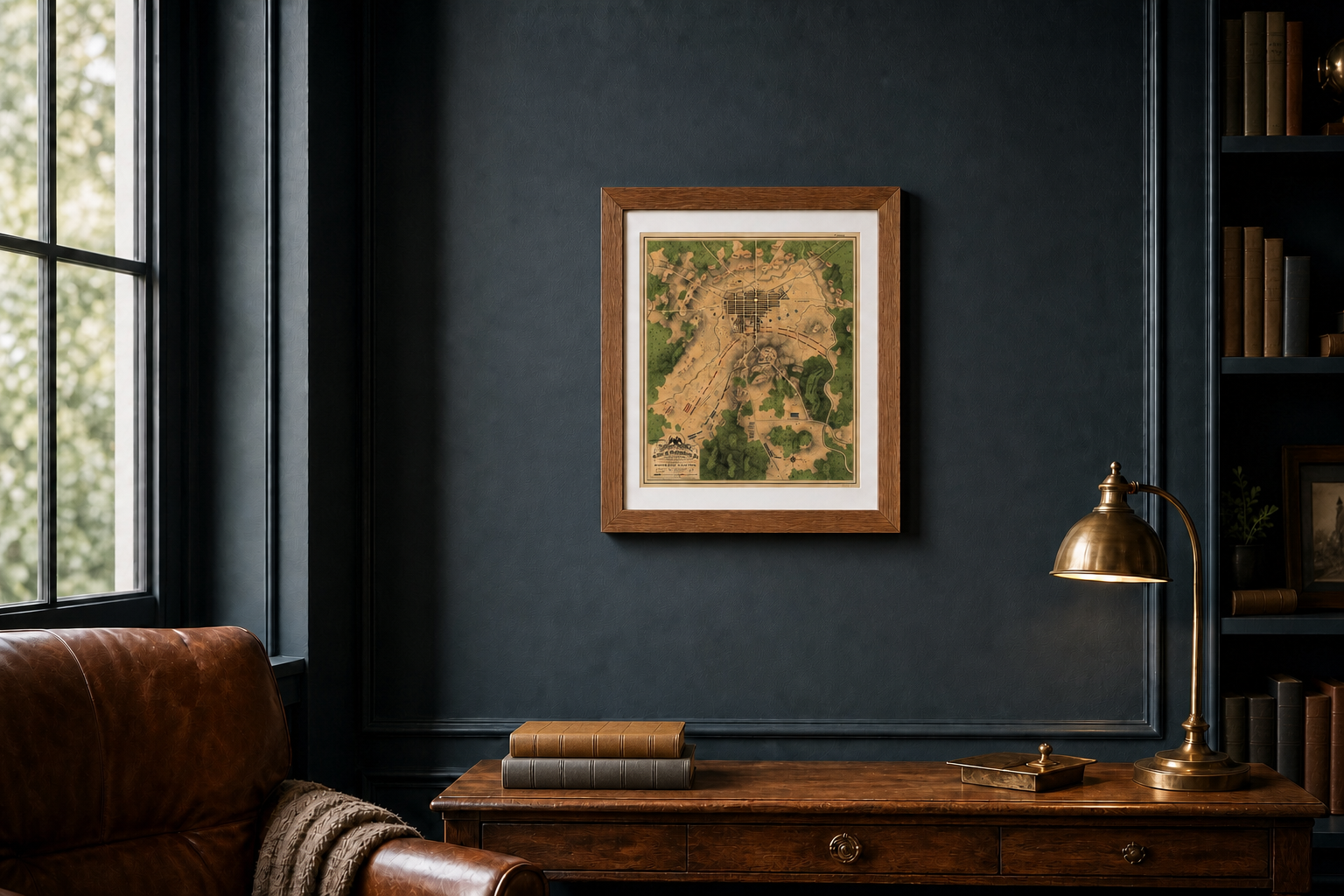 Gettysburg, Pennsylvania 1863 battle map in a Walnut Brown frame displayed in a refined collector’s library.