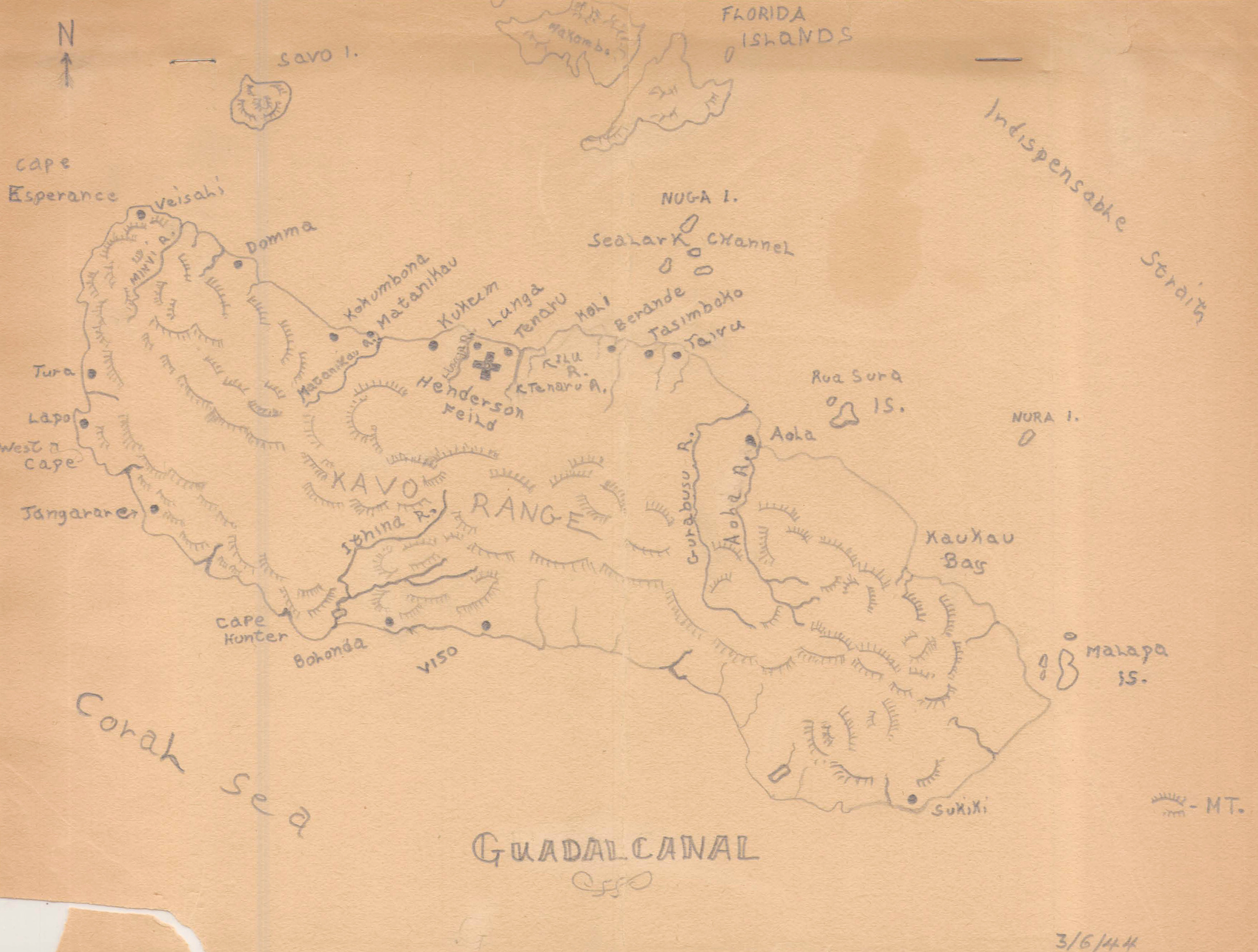 Guadalcanal, Solomon Islands – 1944 Hand-Sketched Topographical Map