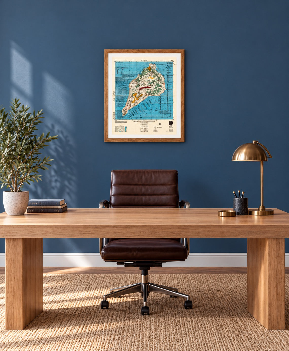 Annotated Iwo Jima map in a Walnut Brown frame with archival-white mat above a light wood desk in a blue-walled office.