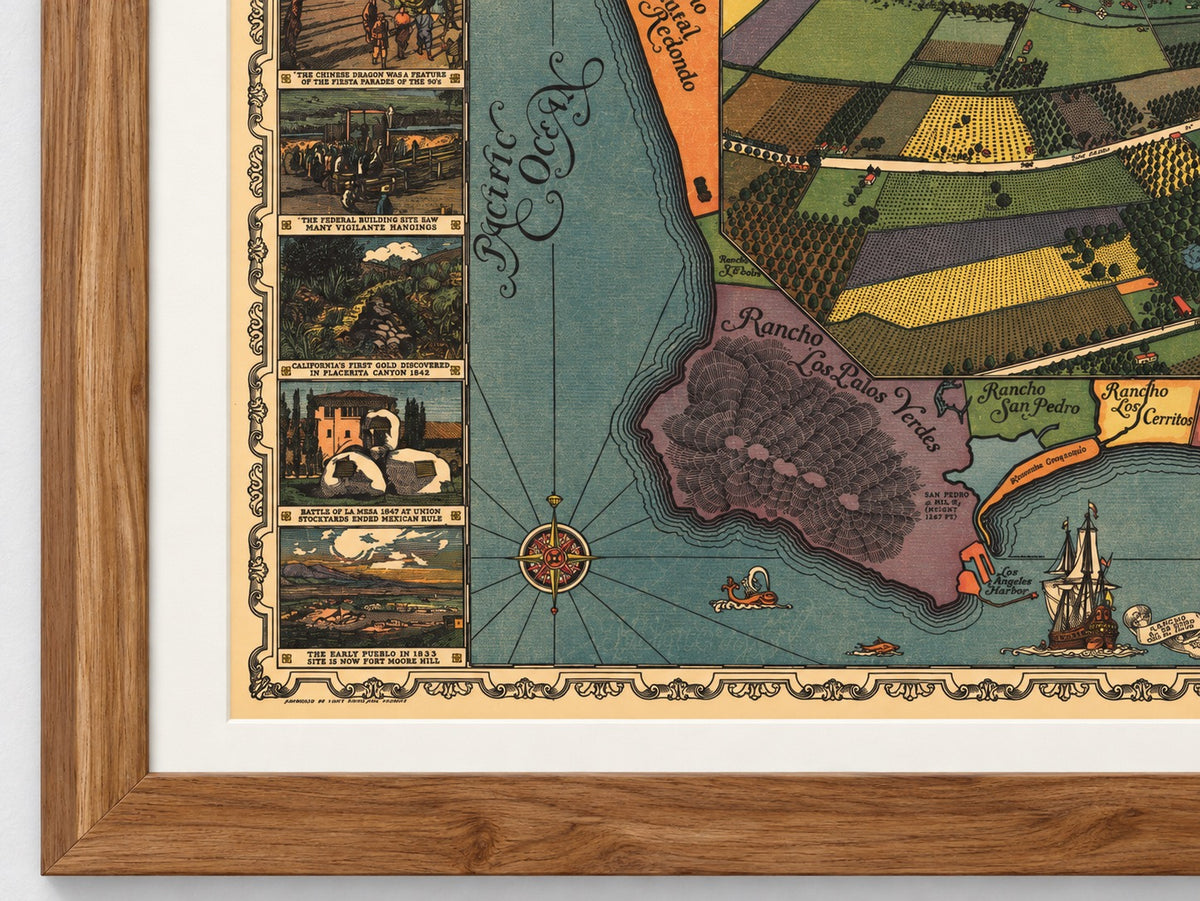 Close-up of the Los Angeles 1871 map in a Walnut Brown frame, showing aligned edges, archival-white mat, wood grain, and a clean mitered corner.