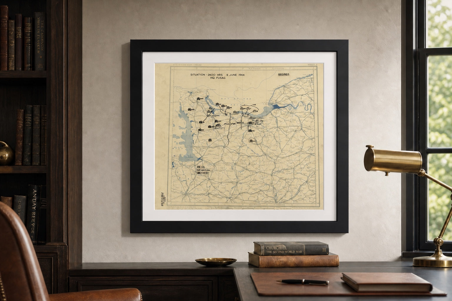 Normandy, France 1944 Allied D-Day operational assault map in a Black frame displayed in a refined executive office.
