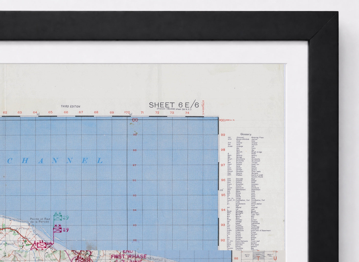 Close-up of the Normandy Omaha Beach 1944 battle map in a Black frame with an even one-inch archival-white mat.