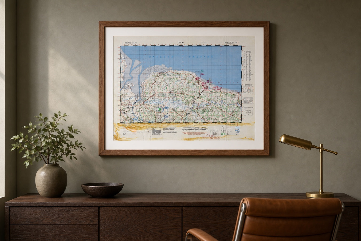Normandy Omaha Beach 1944 battle map in a Walnut Brown frame displayed in a refined executive office.