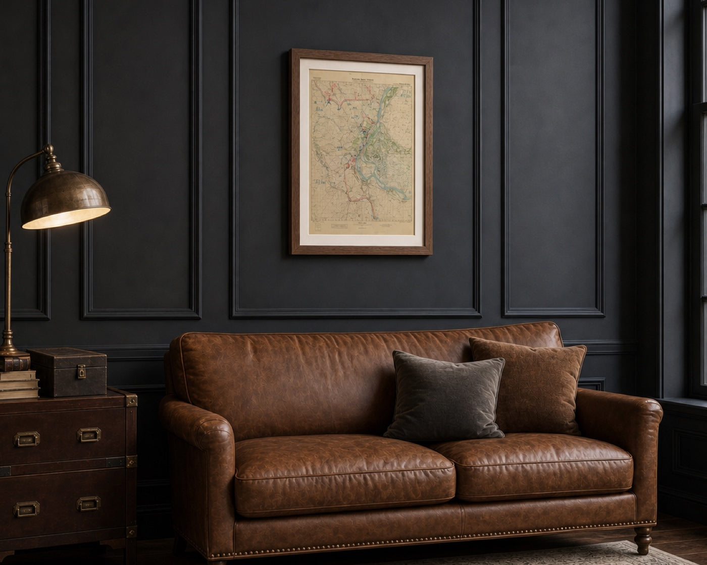 Battle of Stalingrad 1942 map in a Walnut Brown frame displayed in a premium executive office.
