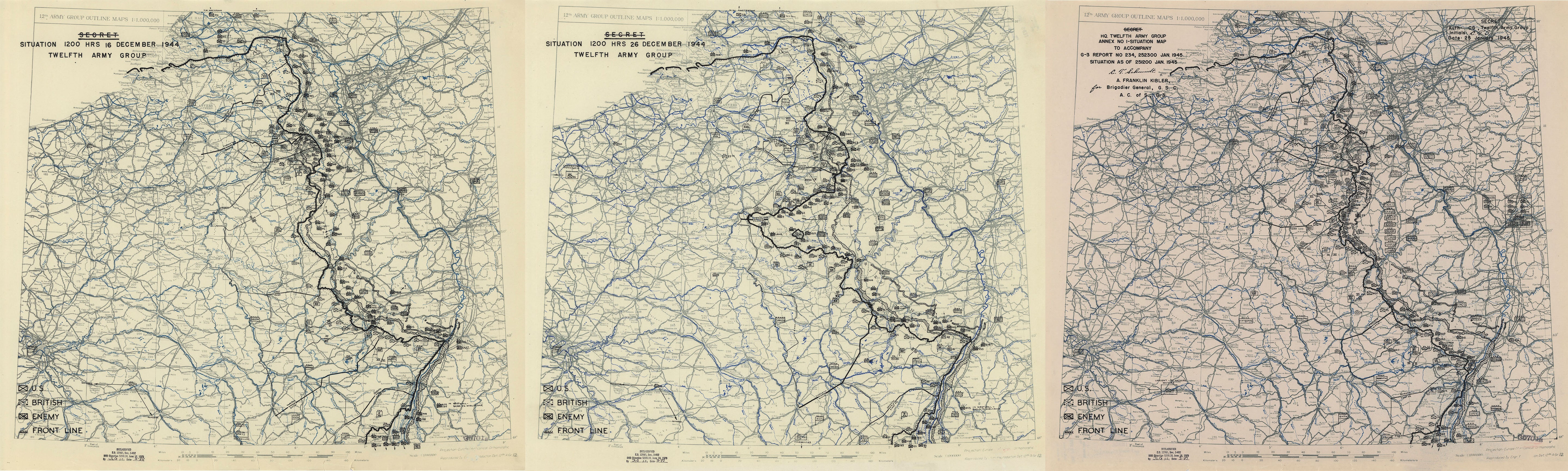 Three vintage road maps of northern Germany and the Netherlands, printed in blue ink on aged beige paper, displayed side-by-side showing the progression of the Ardennes Counteroffensive in December 1944 to January 1945. 
