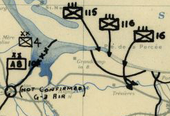 A vintage military map print showing a route or movement plan of the D-Day Landings on June 6, 1944 in Normandy, France with black arrows, numbered boxes, and handwritten notes over a beige and blue background.
