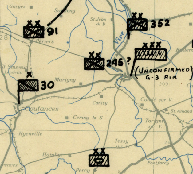 A vintage D-Day 1944 military map showing locations such as Gorges, St-Jean de D., and Coutances, with hand-drawn black ink symbols and numbers including 352, 245, 30, and 91.