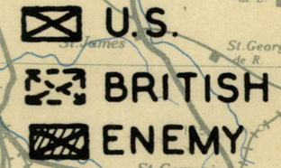 A close-up of a vintage map or printed graphic with black military-style symbols and the words 'U.S.