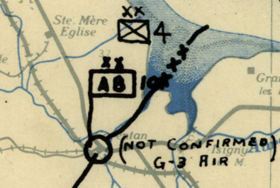 A close-up of a vintage D-Day map from 1944 showing 101st Airborne with handwritten markings, including 'XX', 'AB', '10', '(NOT CONFIRMED)', and 'G-3 AIR', over a light beige background with blue water or terrain shading.