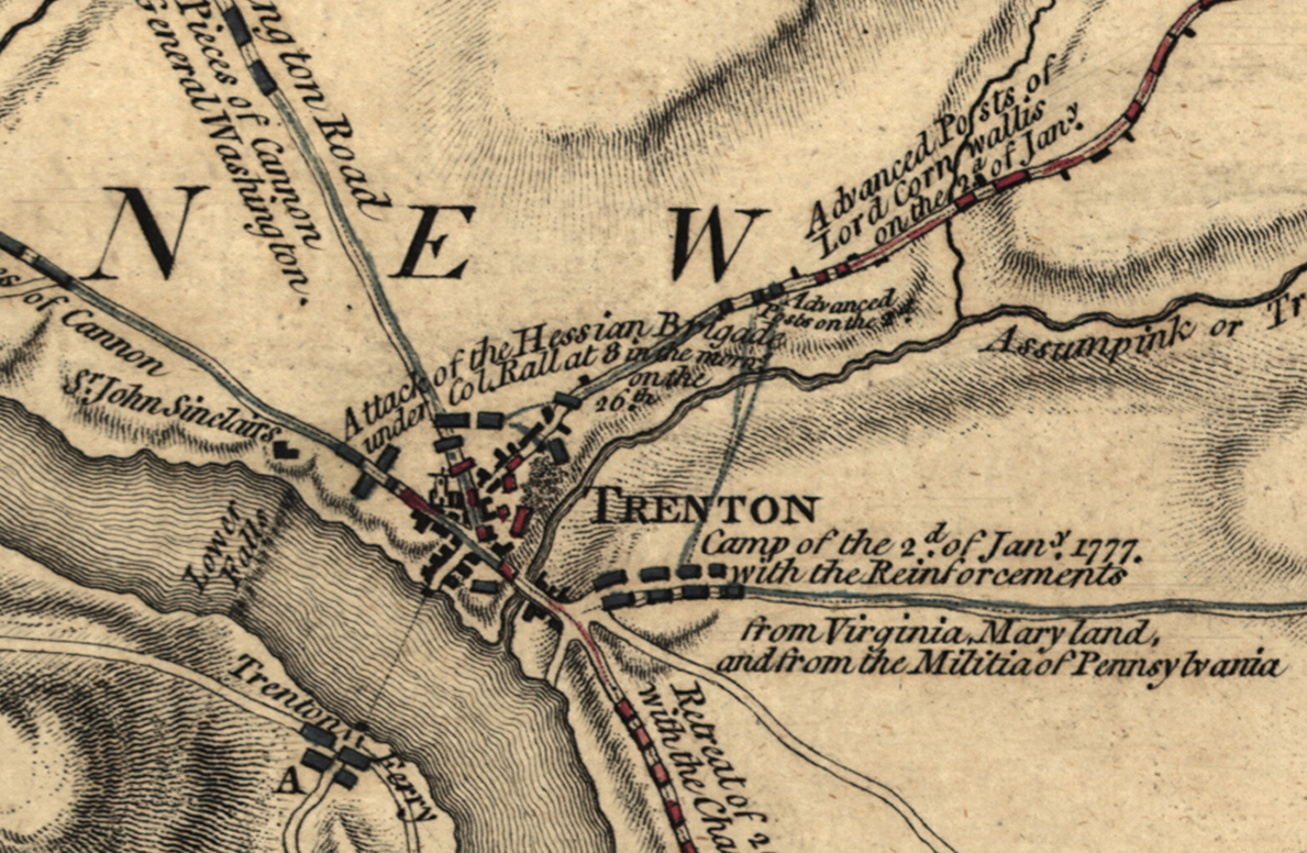 An antique-style historical map print of Trenton, New Jersey, showing labeled streets, military positions, and text referencing January 2, 1777, with Trenton prominently centered.