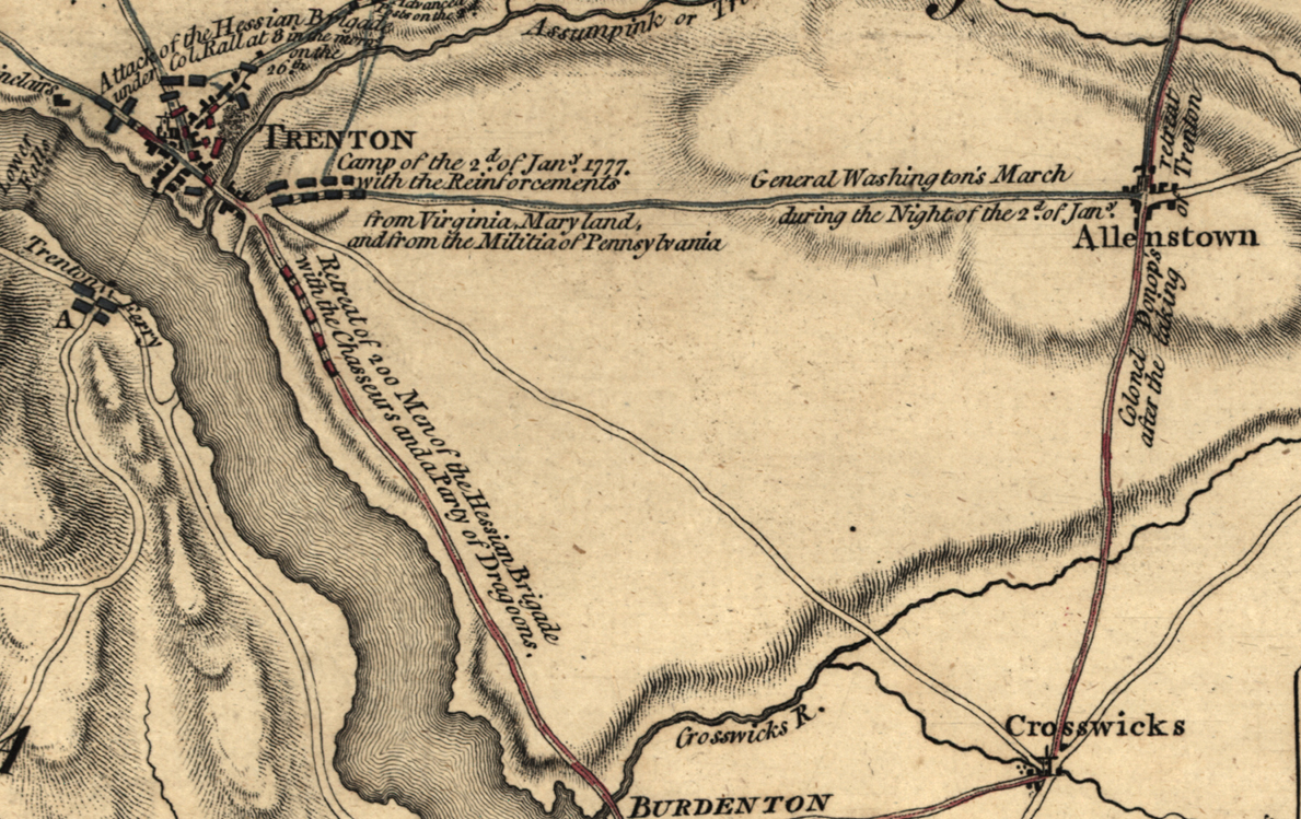 An antique-style hand-colored map print showing the historical route of the Continental Army during the American Revolutionary War, with labeled locations including Trenton, Allenstown, and Burdento.