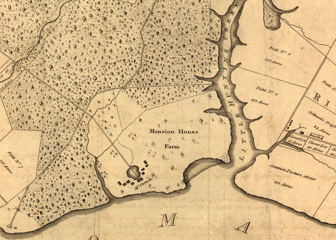 Vintage map showing a layout of a mansion house farm with waterways and labeled fields.