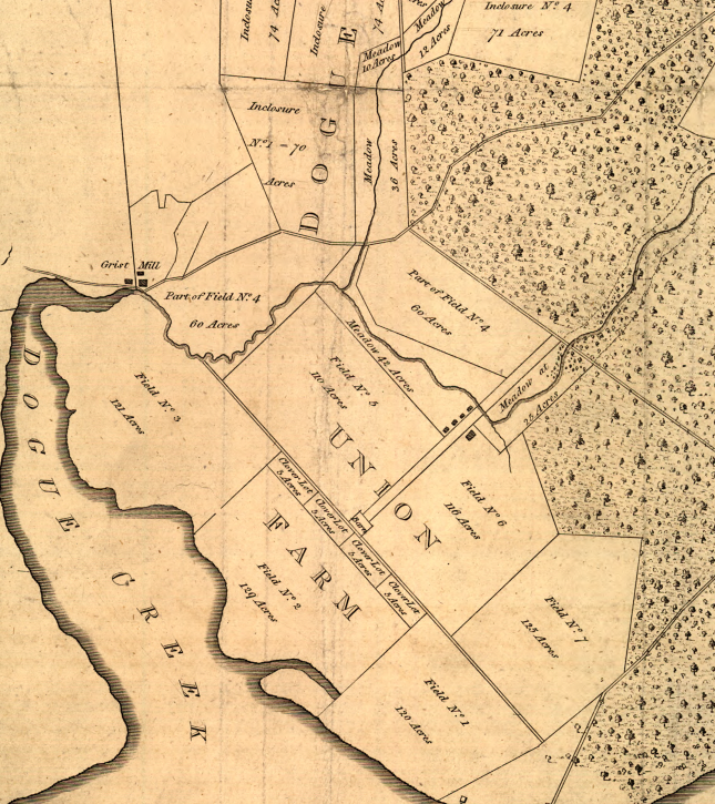 Old map of Mt. Vernon with labeled properties and a stream.