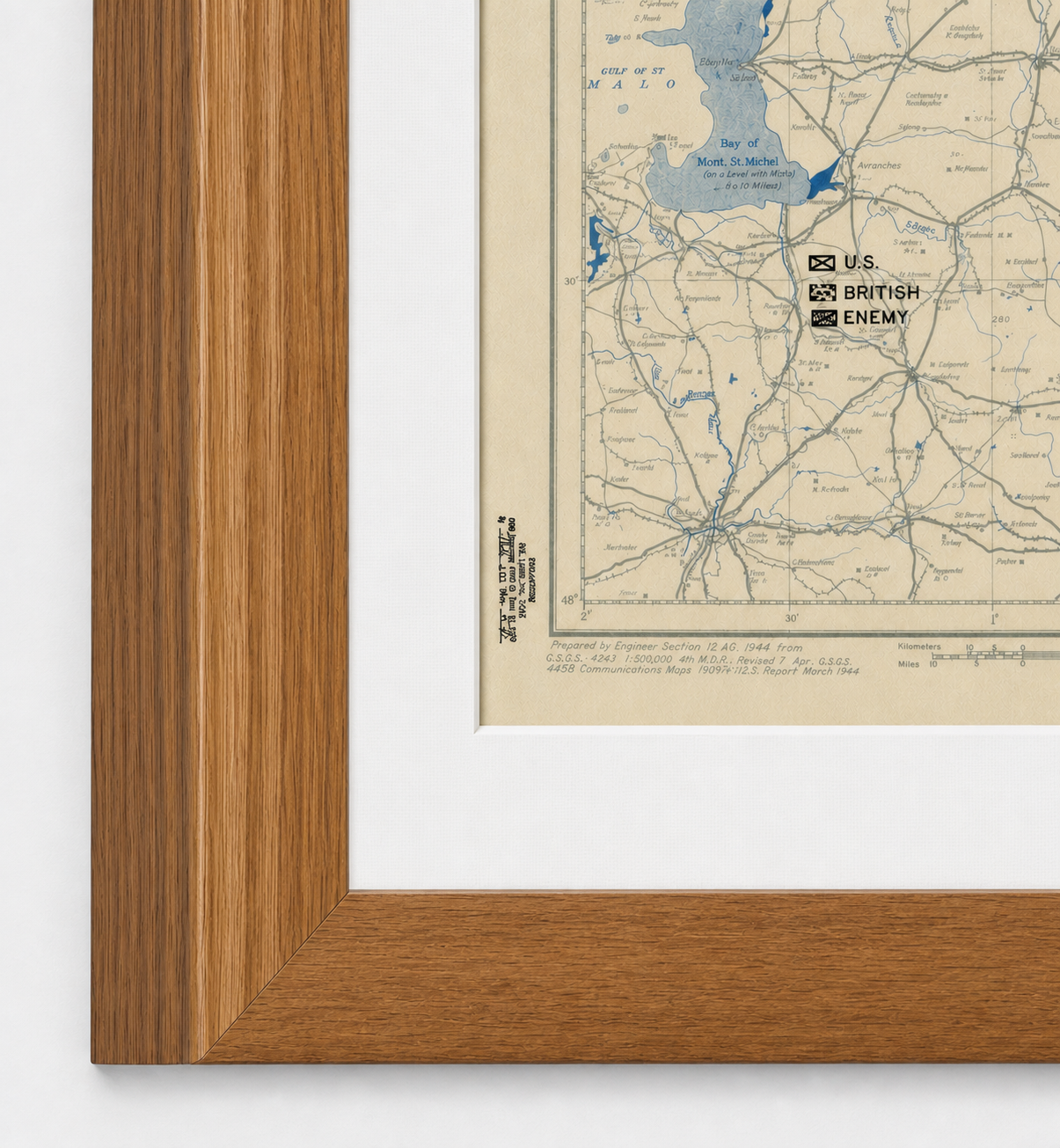 Close-up of the Normandy, France 1944 Allied D-Day operational assault map in a Walnut Brown frame with an archival-white mat.