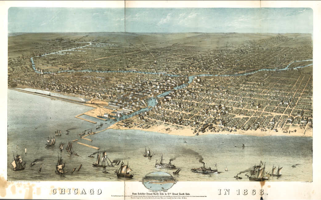 Chicago, Illinois - 1868 Bird's Eye View Map