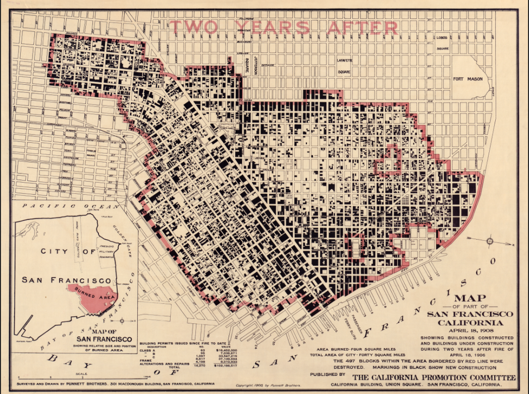 San Francisco, California - 1908 Fire and Reconstruction Map
