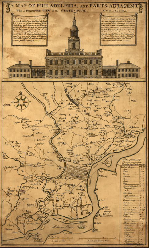 Philadelphia, Pennsylvania - 1752 Map with State House View