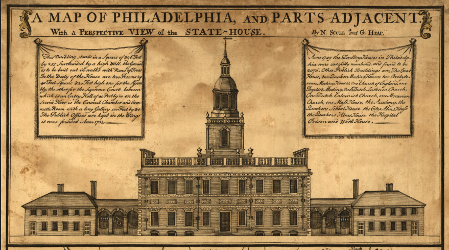 Philadelphia, Pennsylvania - 1752 Map with State House View