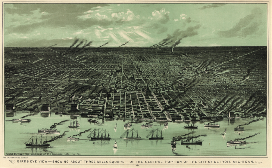 Detroit, Michigan – 1889 Bird’s Eye View Map