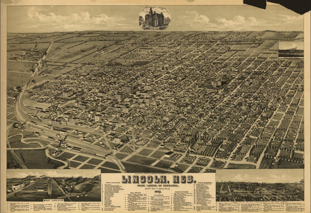 Lincoln, Nebraska – 1889 Panoramic Bird’s-Eye View of the State Capitol and University