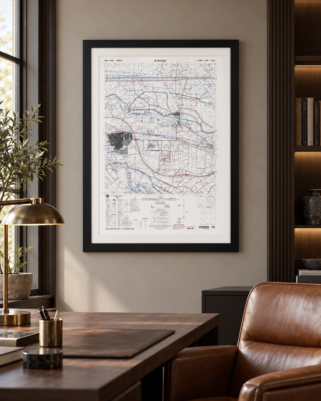 Fallujah, Iraq 1:50,000 topographic map in a black frame on an office wall