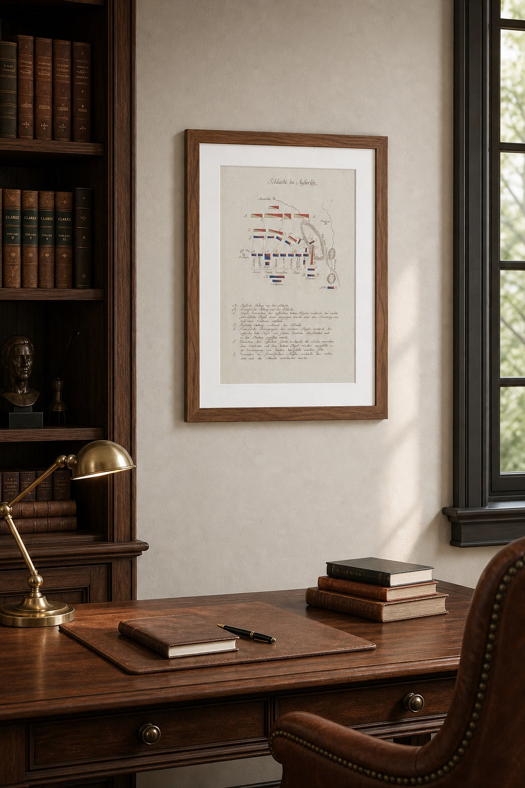 Battle of Austerlitz formation map in a walnut brown frame displayed in a refined executive office.