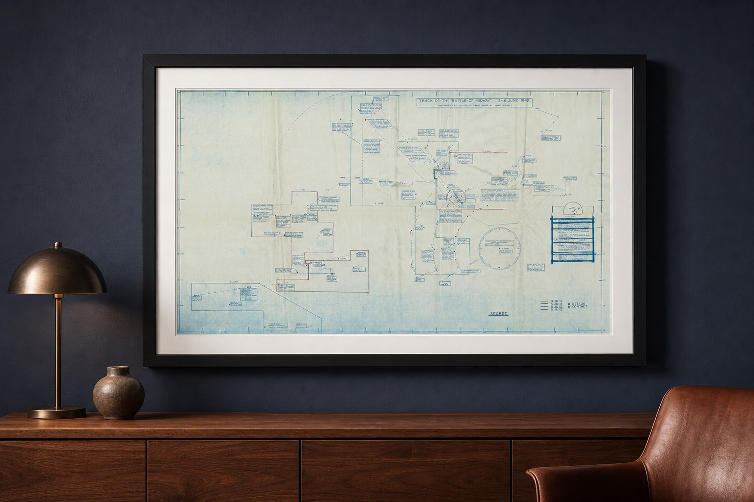Battle of Midway 1942 track map in a Black frame displayed in a refined collector’s study.