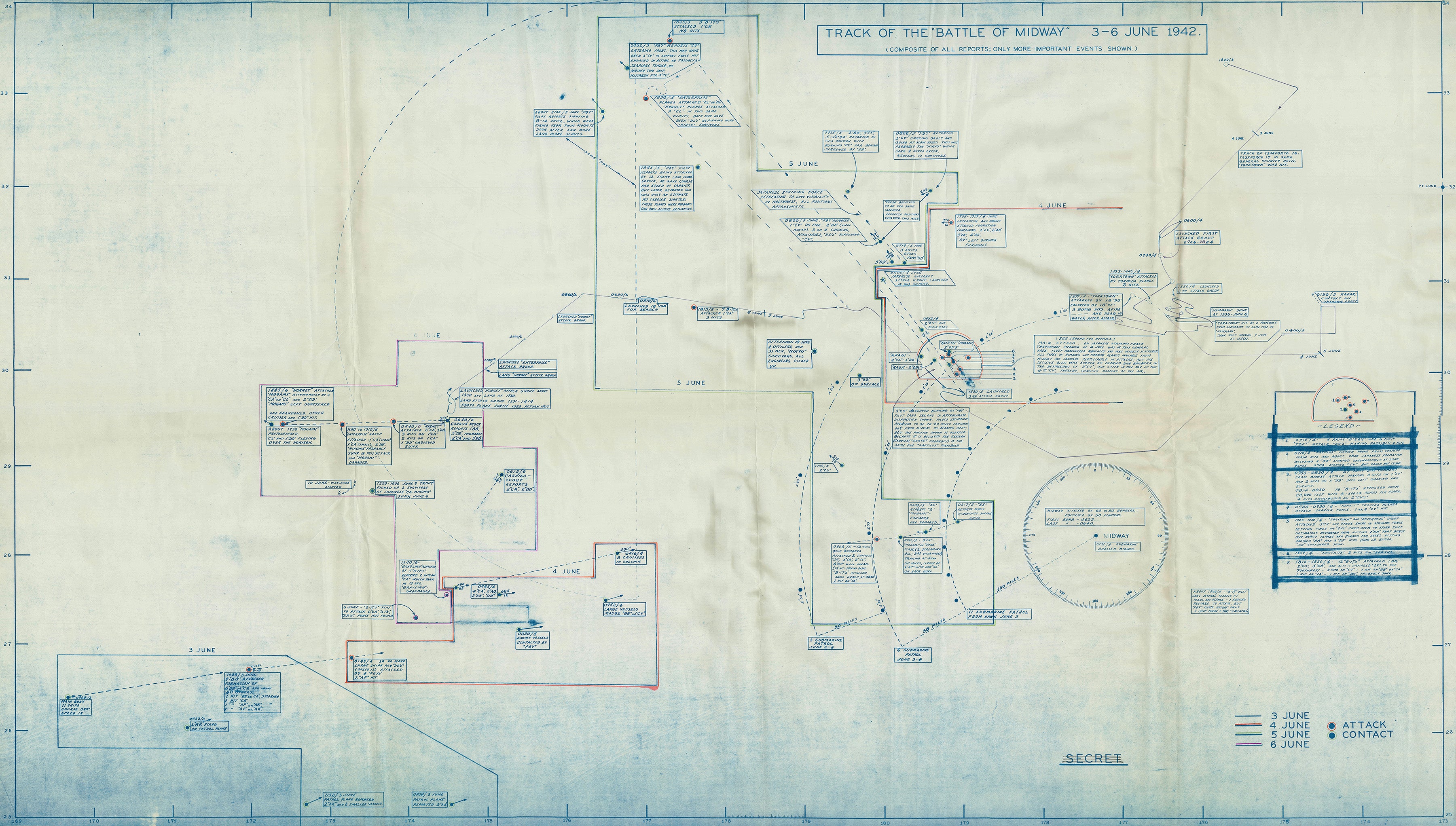 Battle of Midway operational track map dated June 3–6, 1942, with plotted routes, boxed annotations, a Midway reference diagram, and legend.