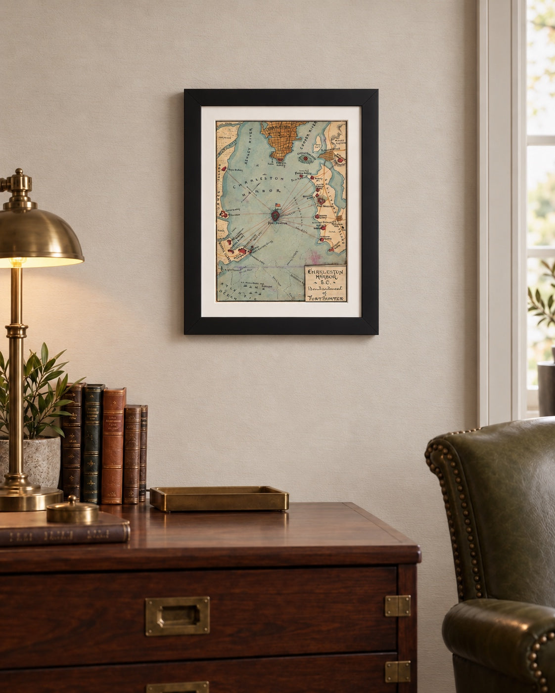 Fort Sumter 1861 bombardment map of Charleston Harbor in a black frame on an office wall