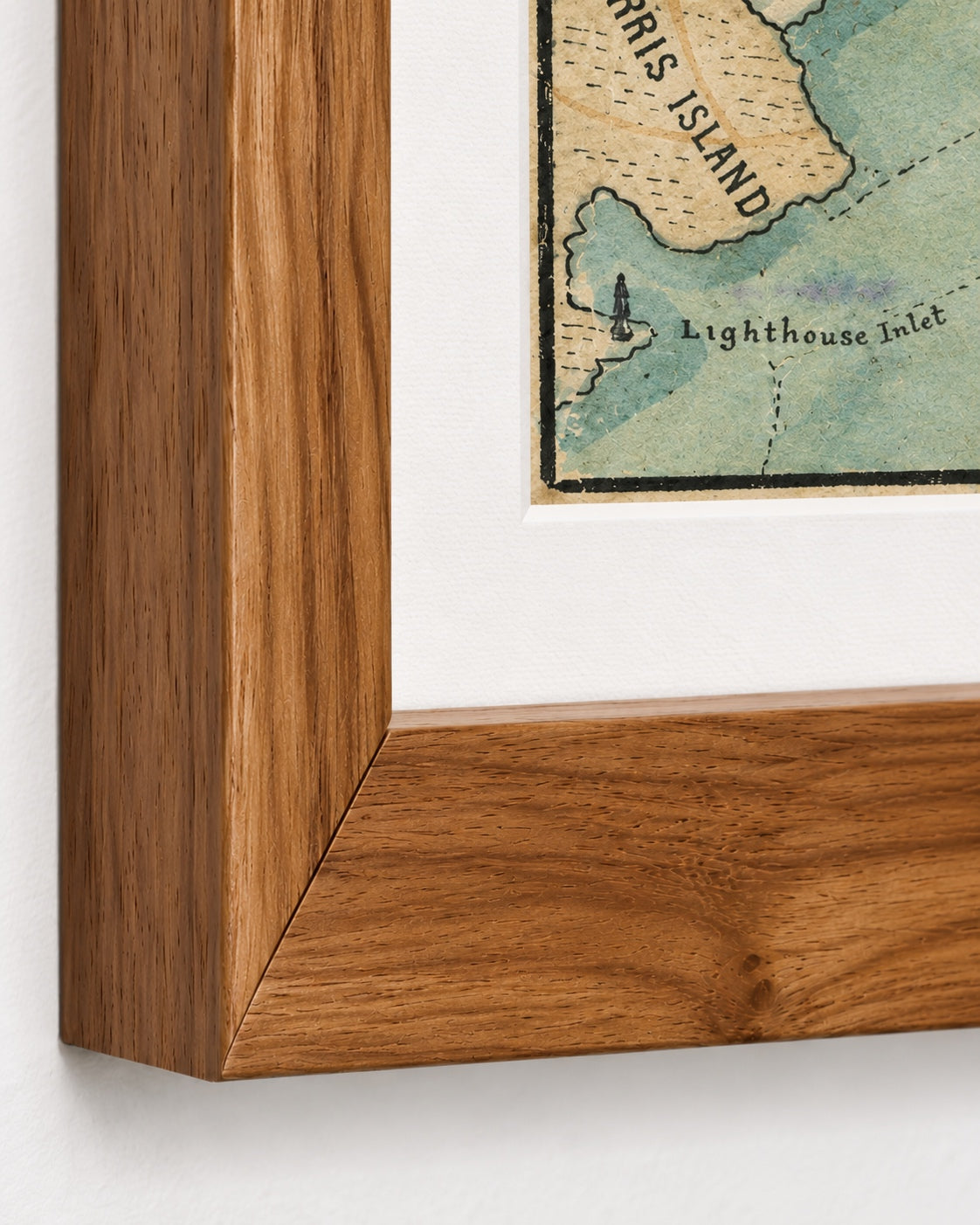 Fort Sumter 1861 bombardment map of Charleston Harbor in a walnut brown frame, close-up of the frame corner