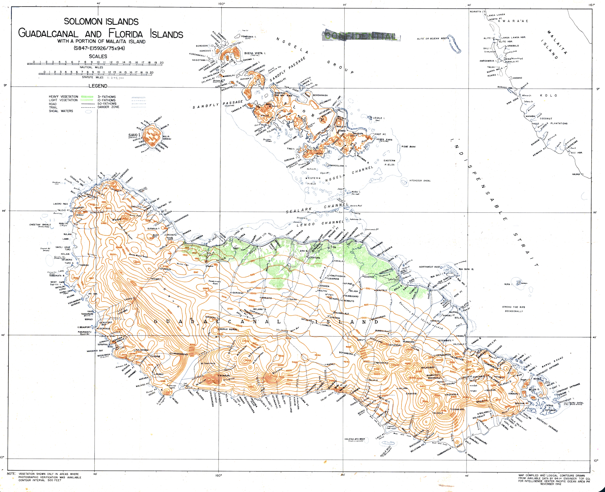 Guadalcanal and Florida Islands, Solomon Islands – 1942 Topographical Intelligence Map