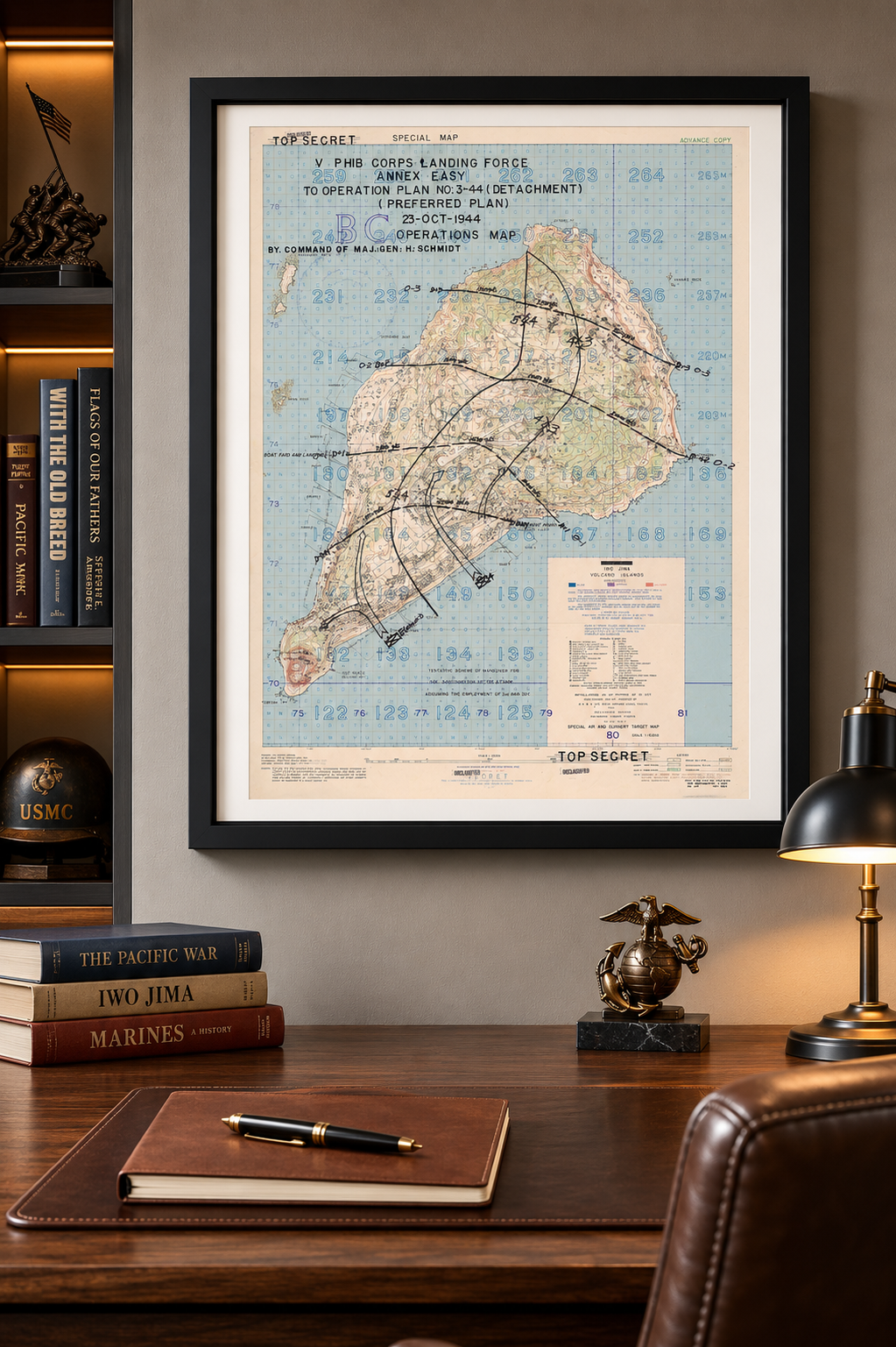 Iwo Jima 1945 U.S. assault plan battle map in a black frame displayed in an executive office