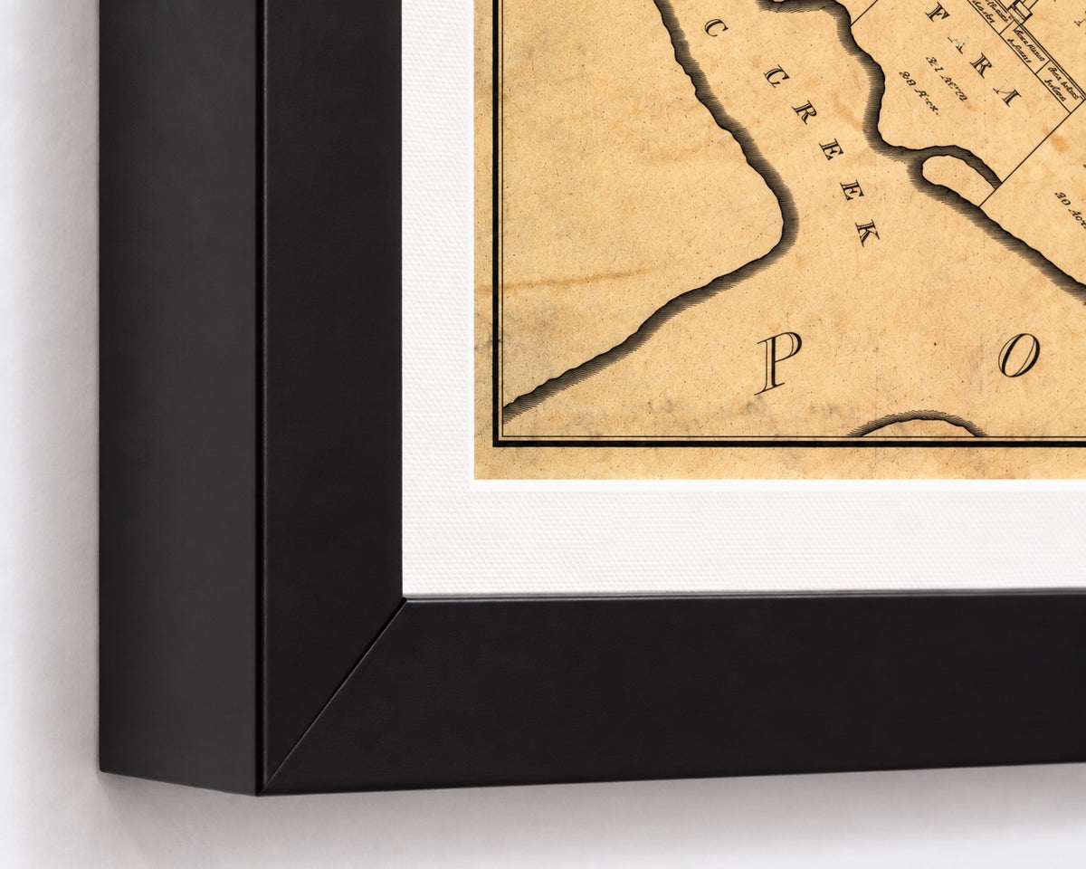 Mount Vernon, Virginia 1801 map of General Washington’s farm in a black frame, close-up of the lower left corner