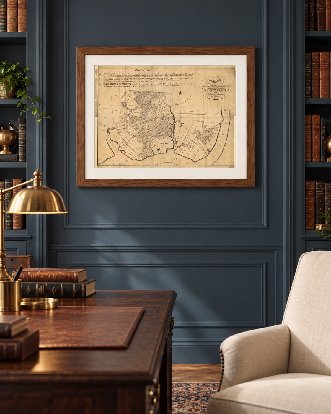 Historic map of General Washington’s Mount Vernon farm in a Walnut Brown frame displayed in a refined traditional study.
