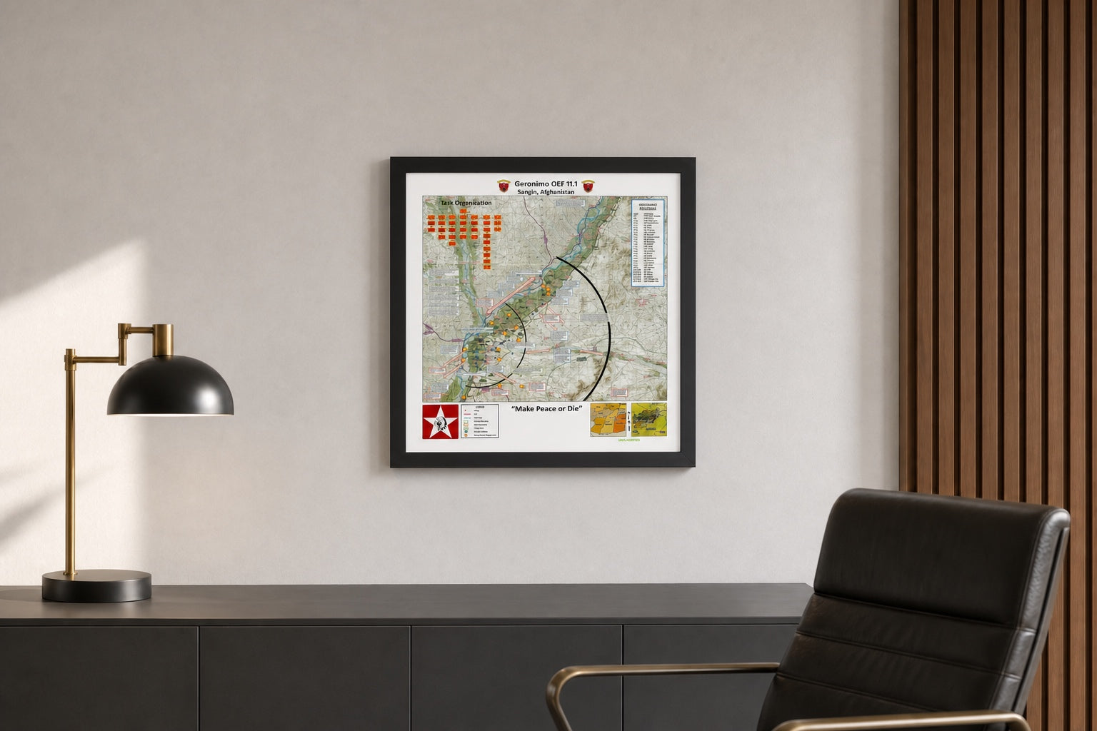 Geronimo OEF 11.1 Sangin, Afghanistan operational map in a Black frame displayed in a modern executive office.