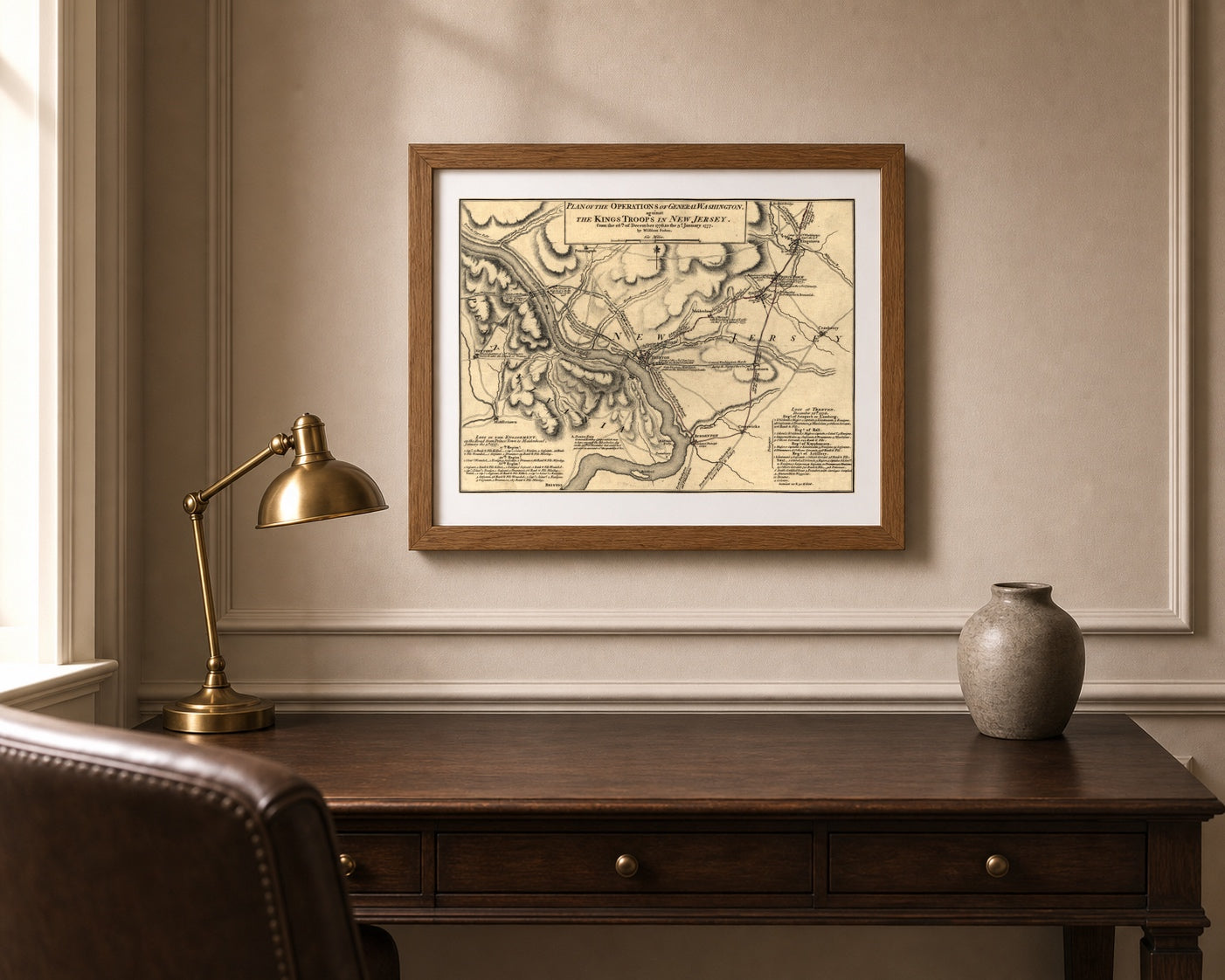Trenton 1776 Washington operations map in a Walnut Brown frame displayed above a writing desk in a refined home office.