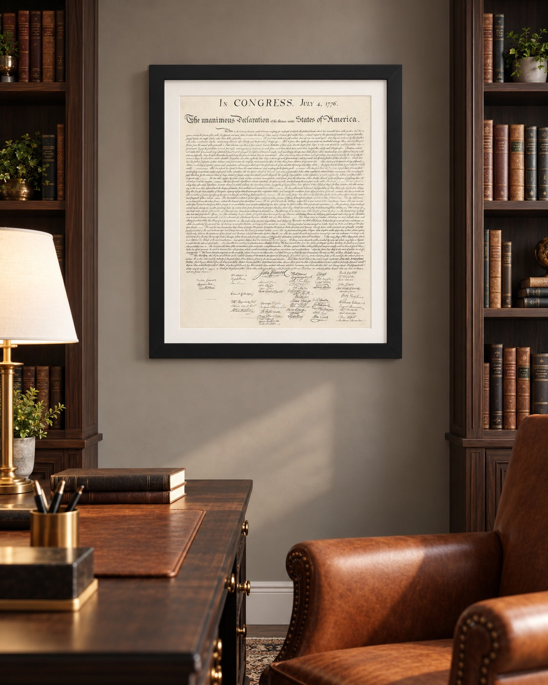 Declaration of Independence 1823 Stone engraving in a Black frame with a white mat, hung between bookshelves in a study.
