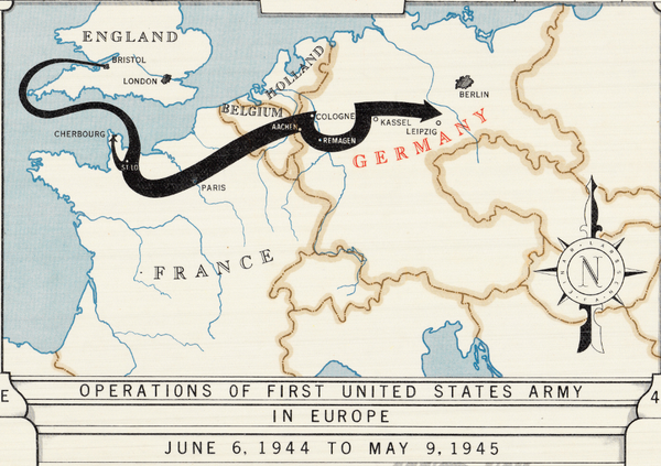 European Campaign Map of the First US Army With Division Logos