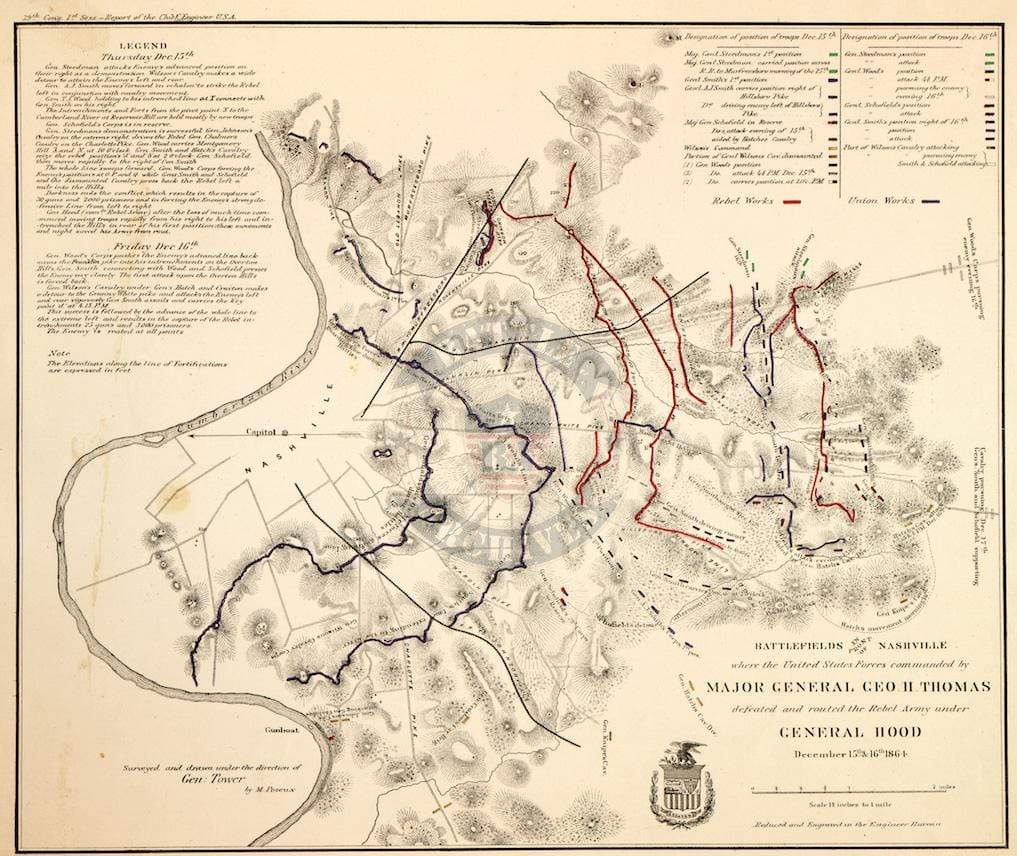 Nashville, Tennessee Battle Map with Detailed Explanations, image size:1017x856