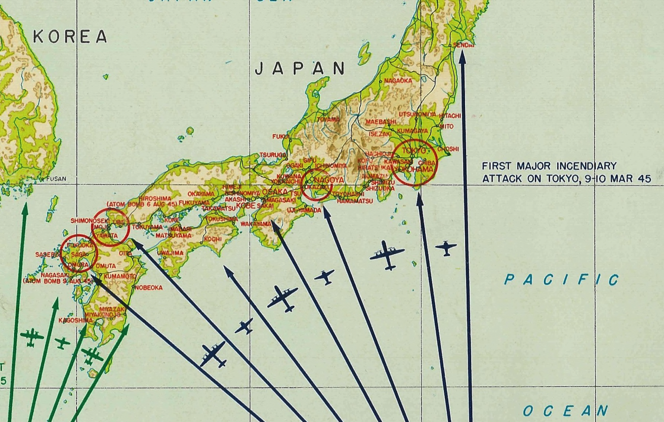 Twentieth Air Force + Far East Air Forces Attack Routes on Mainland Japan